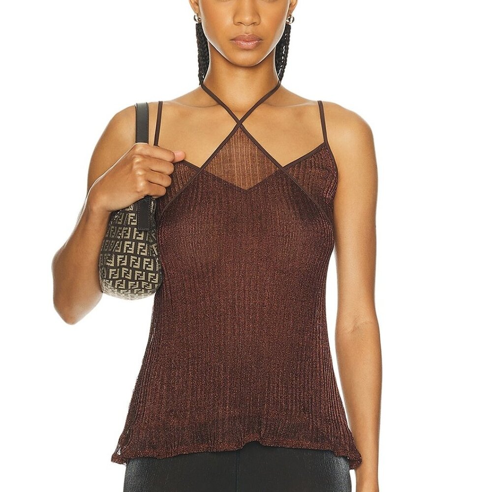 PRISCAVera Double Layer Cami Top in Bronze red sheer mesh sparkle tank